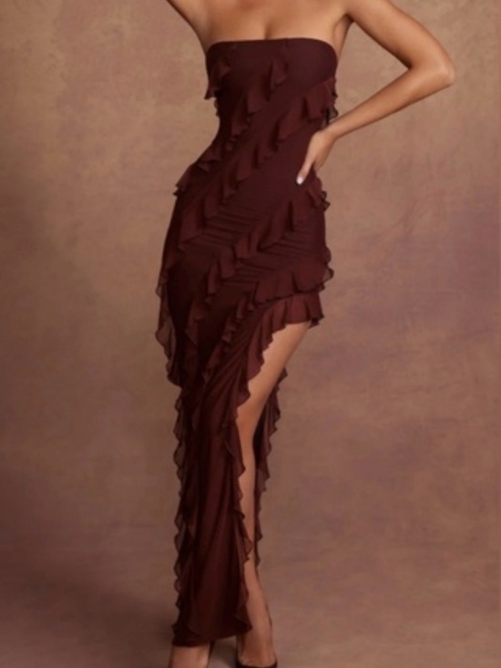 Oh Polly Dresses & Skirts - Oh Polly Strapless Ruffle Asymmetric Maxi Dress in Deep Brown